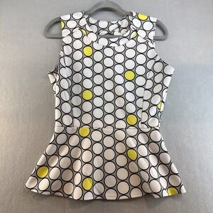 Worthington Geometric Circle Peplum Top Yellow Black White Snap Back Petite Med